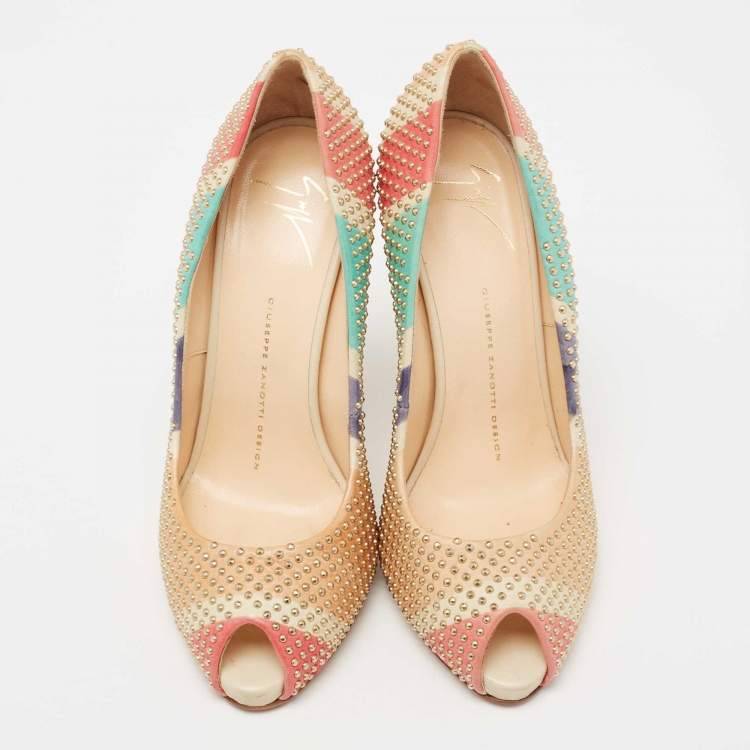 Pre Owned Giuseppe Zanotti Multicolor Studded Leather Peep-Toe Pumps Size 38
