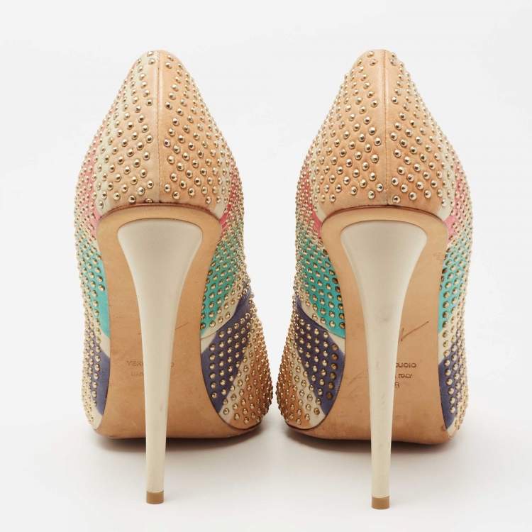 Pre Owned Giuseppe Zanotti Multicolor Studded Leather Peep-Toe Pumps Size 38
