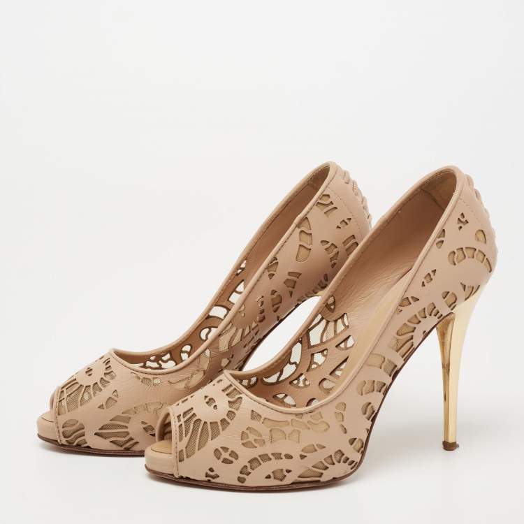 Pre Owned Giuseppe Zanotti Beige Leather And Net Sharon Peep-Toe Pumps Size 36.5