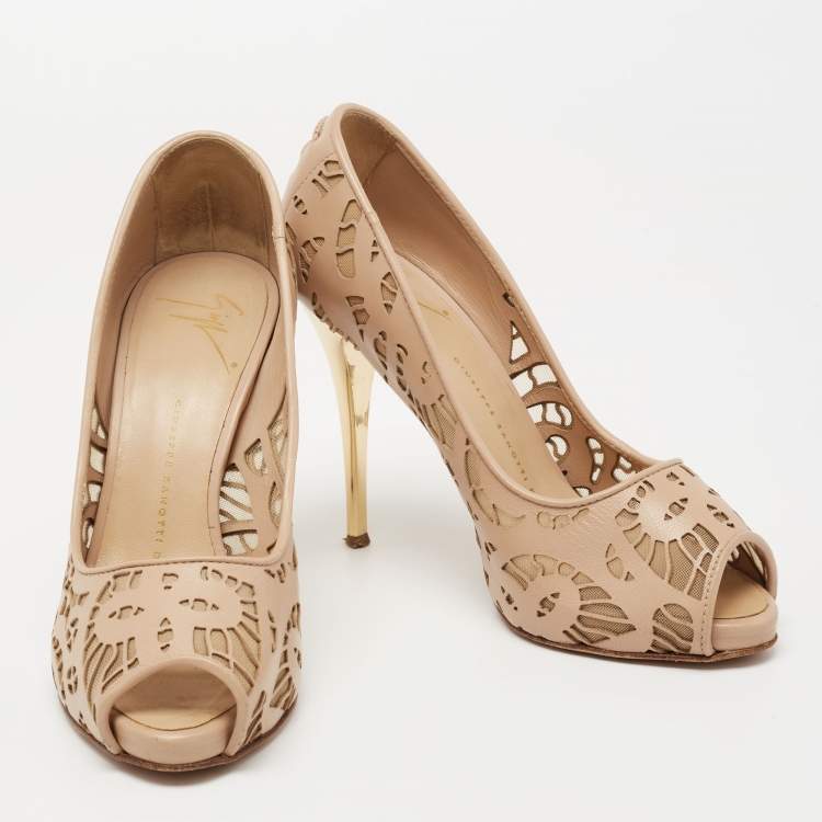 Pre Owned Giuseppe Zanotti Beige Leather And Net Sharon Peep-Toe Pumps Size 36.5