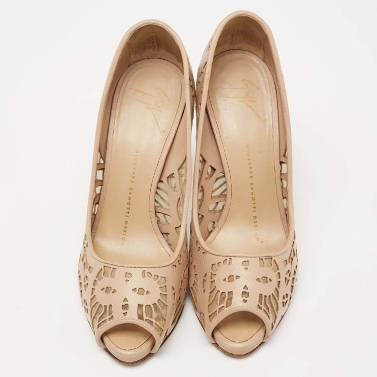 Pre Owned Giuseppe Zanotti Beige Leather And Net Sharon Peep-Toe Pumps Size 36.5