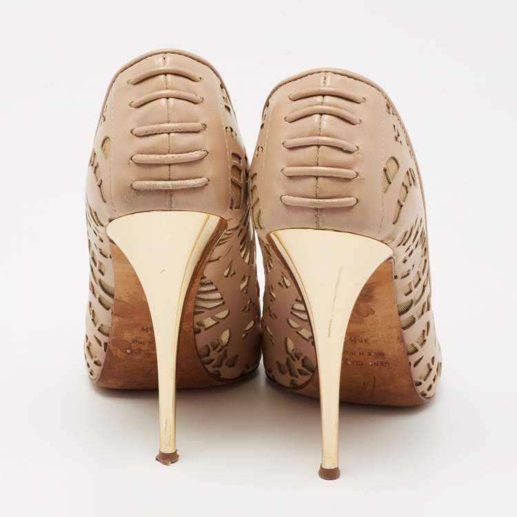 Pre Owned Giuseppe Zanotti Beige Leather And Net Sharon Peep-Toe Pumps Size 36.5