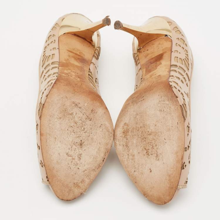 Pre Owned Giuseppe Zanotti Beige Leather And Net Sharon Peep-Toe Pumps Size 36.5