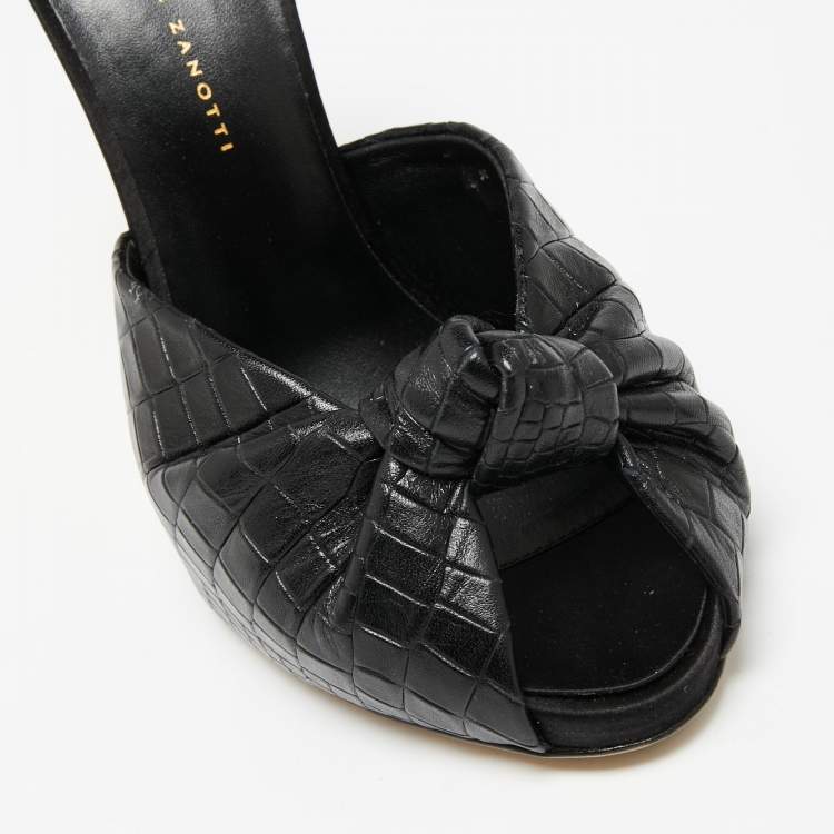 Pre Owned Giuseppe Zanotti Black Croc Embossed Leather Knotted Slide Sandals Size 38