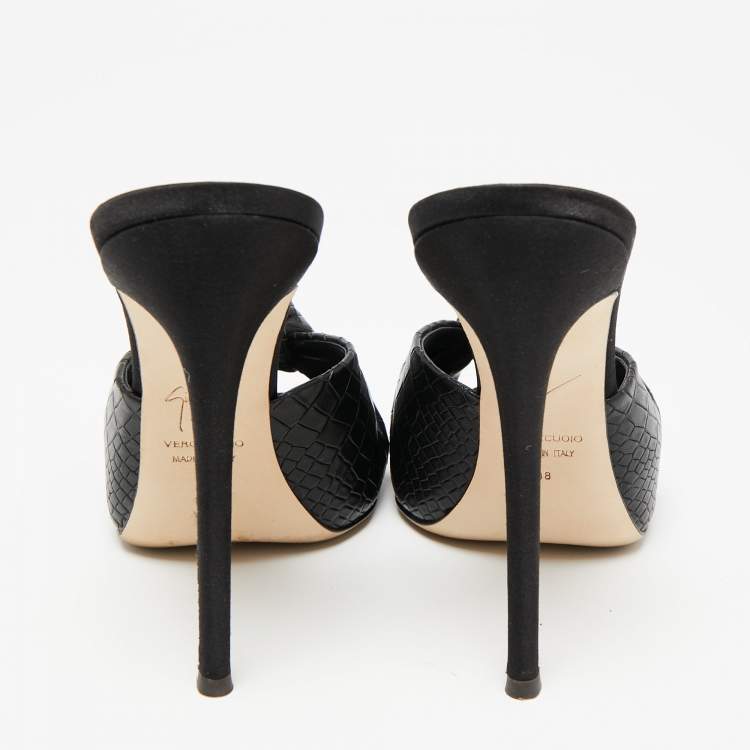Pre Owned Giuseppe Zanotti Black Croc Embossed Leather Knotted Slide Sandals Size 38