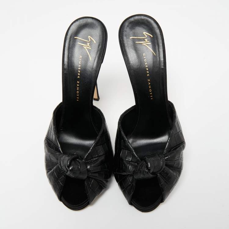 Pre Owned Giuseppe Zanotti Black Croc Embossed Leather Knotted Slide Sandals Size 38