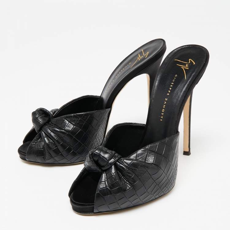 Pre Owned Giuseppe Zanotti Black Croc Embossed Leather Knotted Slide Sandals Size 38