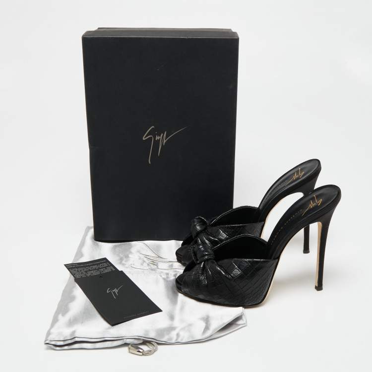 Pre Owned Giuseppe Zanotti Black Croc Embossed Leather Knotted Slide Sandals Size 38