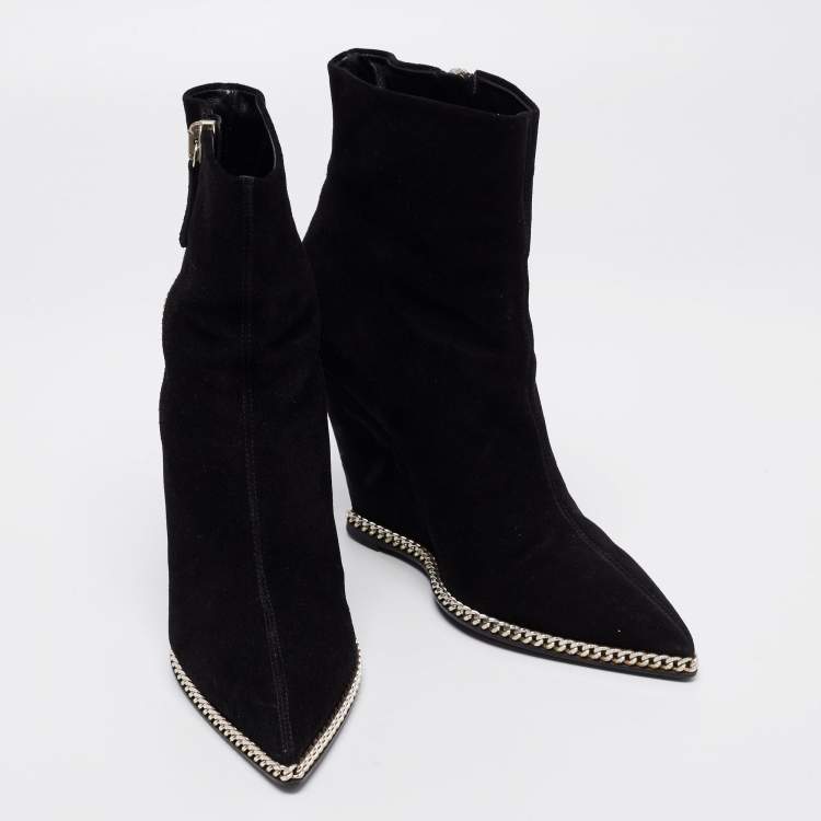 Pre Owned Giuseppe Zanotti Black Suede Jardine Chain Trim Wedge Ankle Boots Size 38