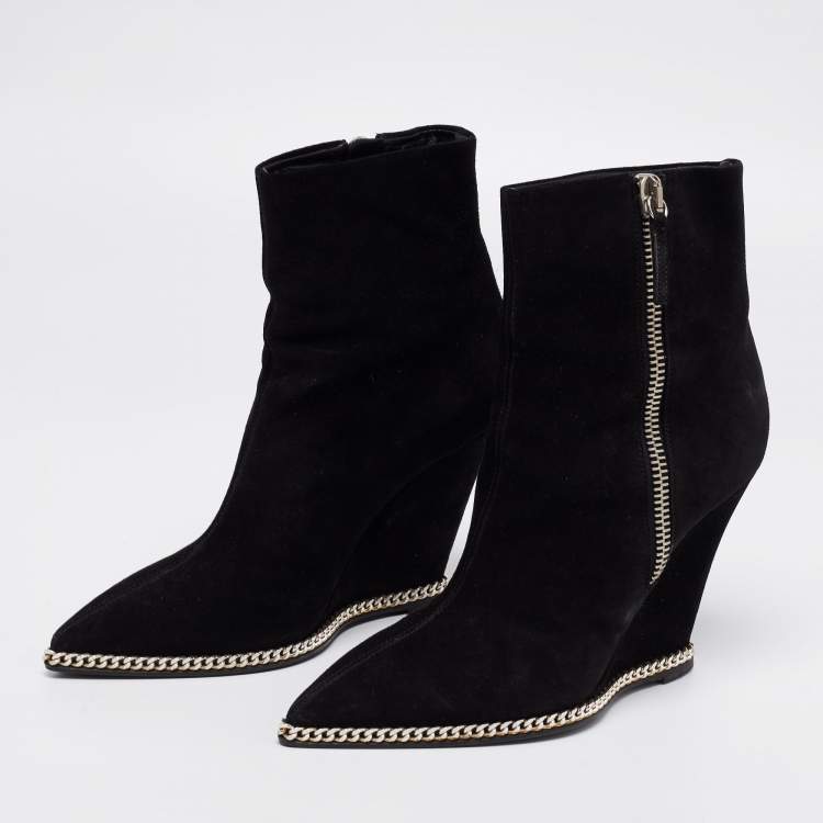 Pre Owned Giuseppe Zanotti Black Suede Jardine Chain Trim Wedge Ankle Boots Size 38