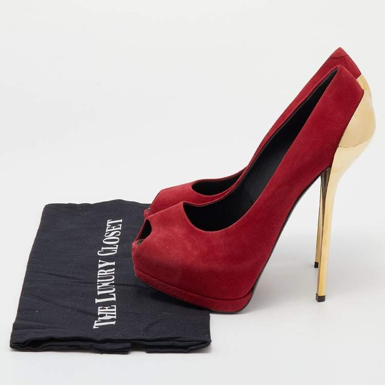 Pre Owned Giuseppe Zanotti Burgundy Suede Sharon Peep Toe Platform Pumps Size 39.5