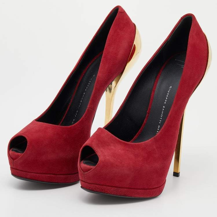 Pre Owned Giuseppe Zanotti Burgundy Suede Sharon Peep Toe Platform Pumps Size 39.5