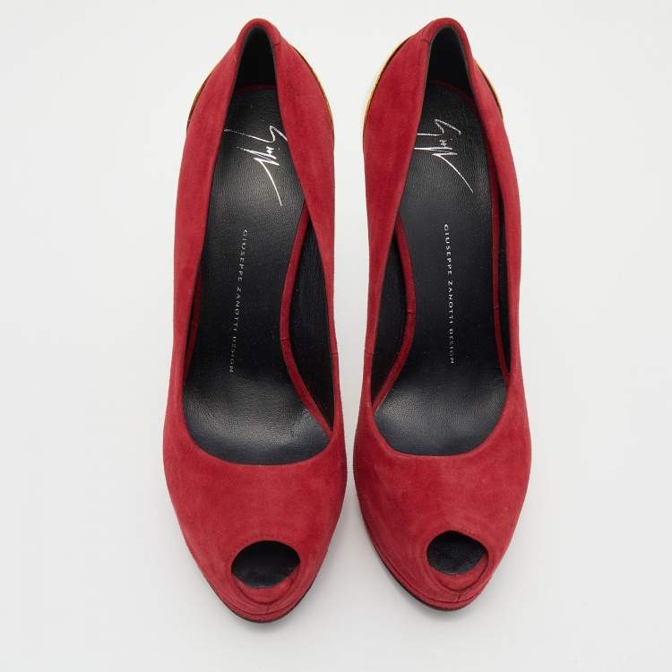 Pre Owned Giuseppe Zanotti Burgundy Suede Sharon Peep Toe Platform Pumps Size 39.5