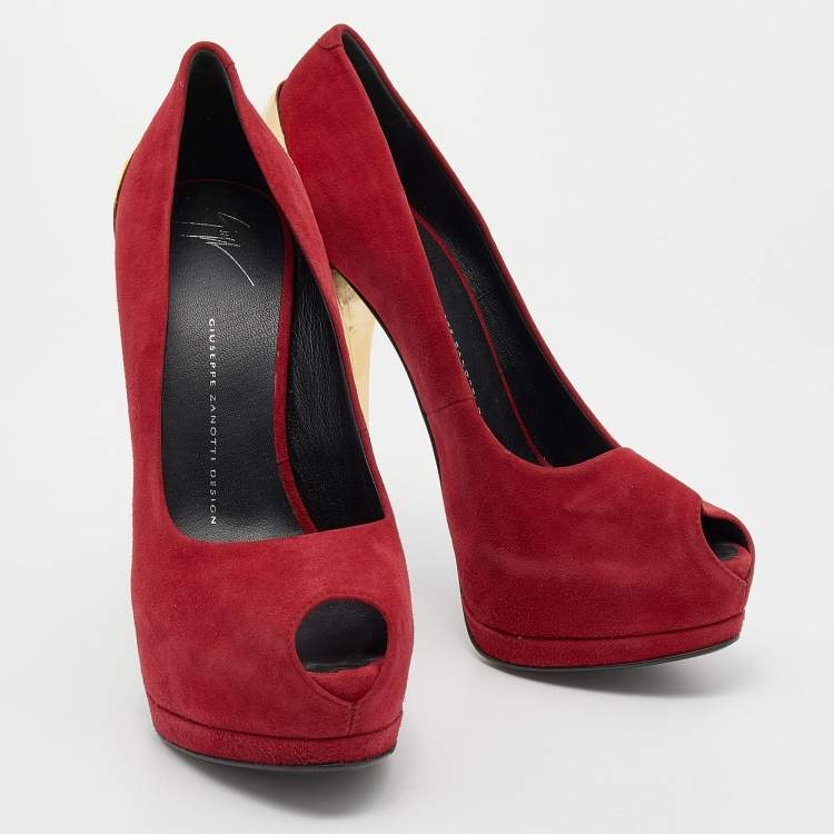 Pre Owned Giuseppe Zanotti Burgundy Suede Sharon Peep Toe Platform Pumps Size 39.5