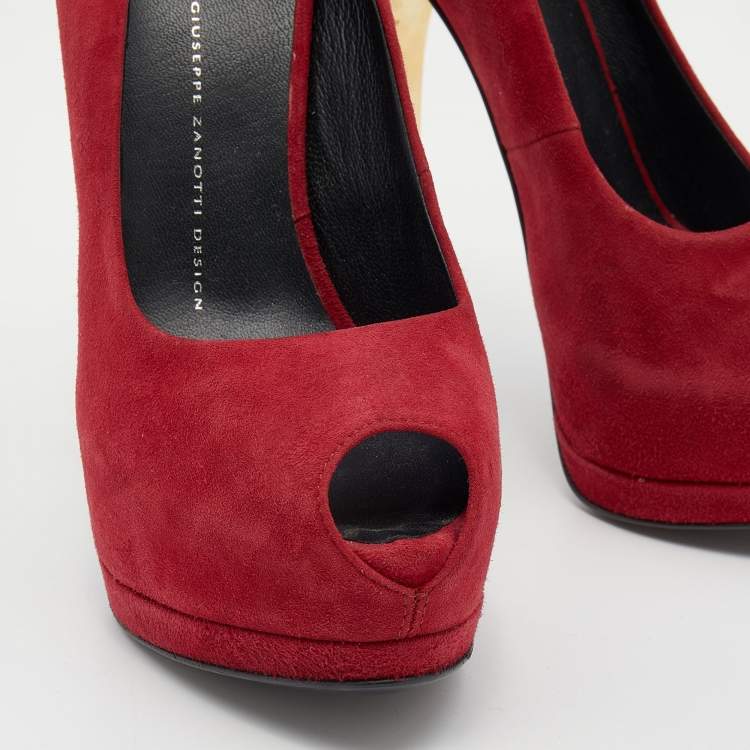 Pre Owned Giuseppe Zanotti Burgundy Suede Sharon Peep Toe Platform Pumps Size 39.5