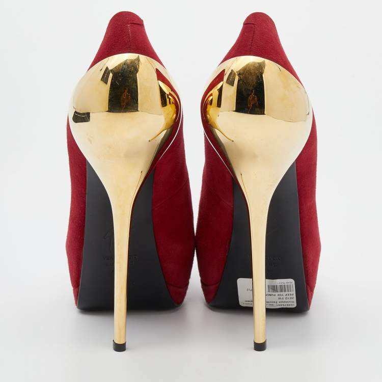 Pre Owned Giuseppe Zanotti Burgundy Suede Sharon Peep Toe Platform Pumps Size 39.5