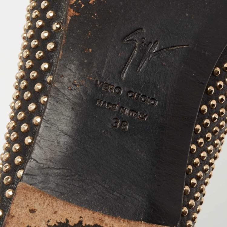 Pre Owned Giuseppe Zanotti Black Leather Studded Horn Detail Loafers Size 38