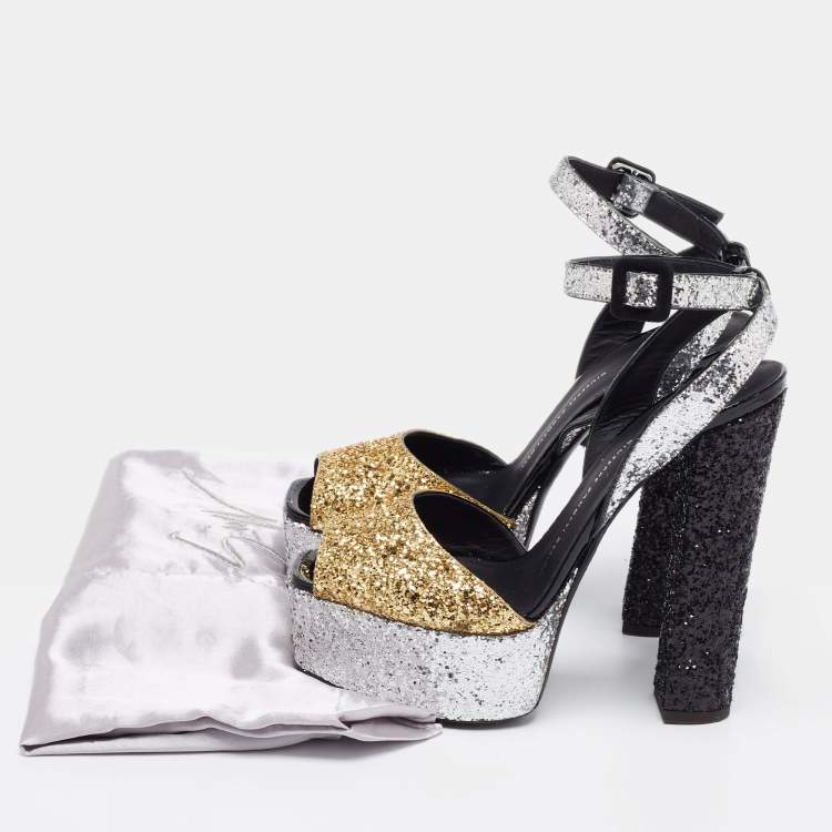 Pre Owned Giuseppe Zanotti Tri-Color Glitter Betty Peep Toe Block Heel Platform Sandals Size 39