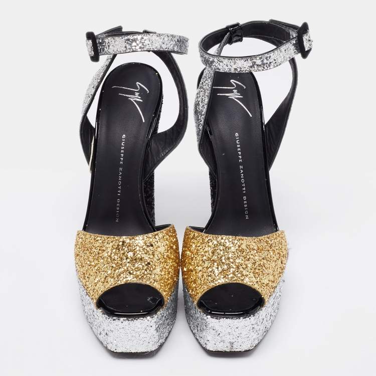 Pre Owned Giuseppe Zanotti Tri-Color Glitter Betty Peep Toe Block Heel Platform Sandals Size 39