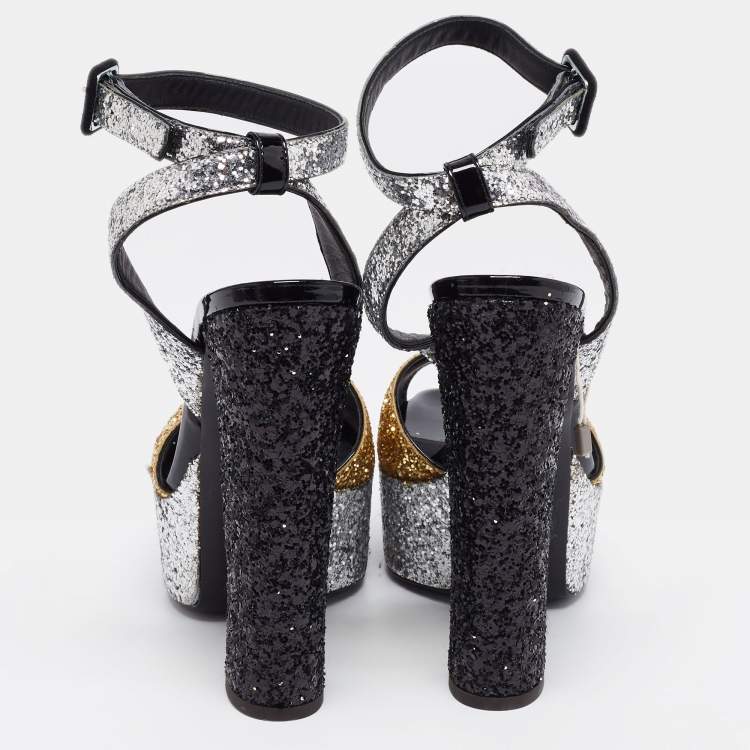 Pre Owned Giuseppe Zanotti Tri-Color Glitter Betty Peep Toe Block Heel Platform Sandals Size 39