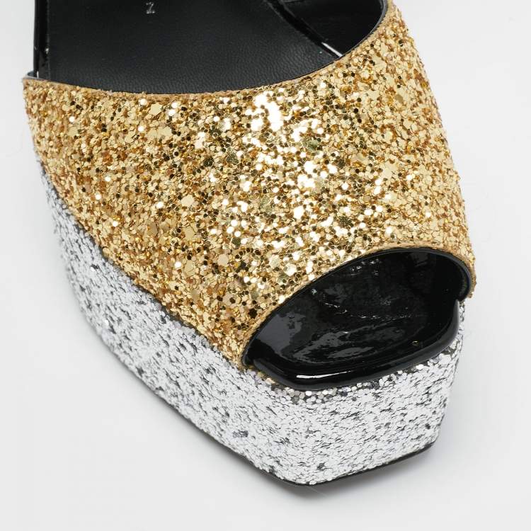 Pre Owned Giuseppe Zanotti Tri-Color Glitter Betty Peep Toe Block Heel Platform Sandals Size 39