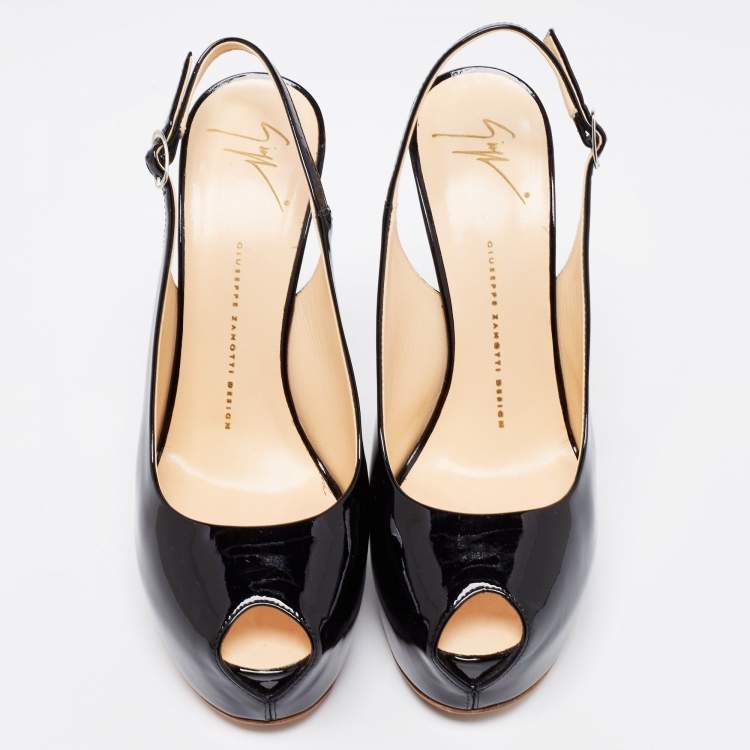 Pre Owned Giuseppe Zanotti Black Patent Leather Peep Toe Slingback Platform Sandals Size 40