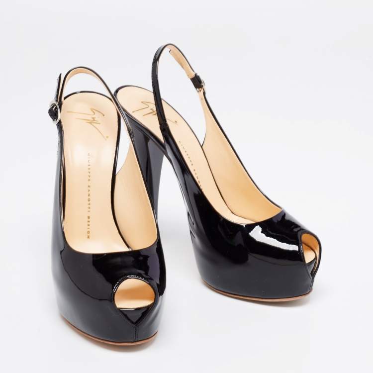 Pre Owned Giuseppe Zanotti Black Patent Leather Peep Toe Slingback Platform Sandals Size 40