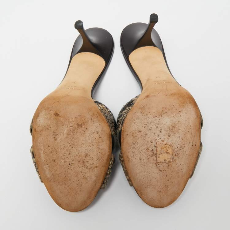 Pre Owned Giuseppe Zanotti Black/Grey Snakeskin Embossed Leather Criss Cross Slide Sandals Size 39