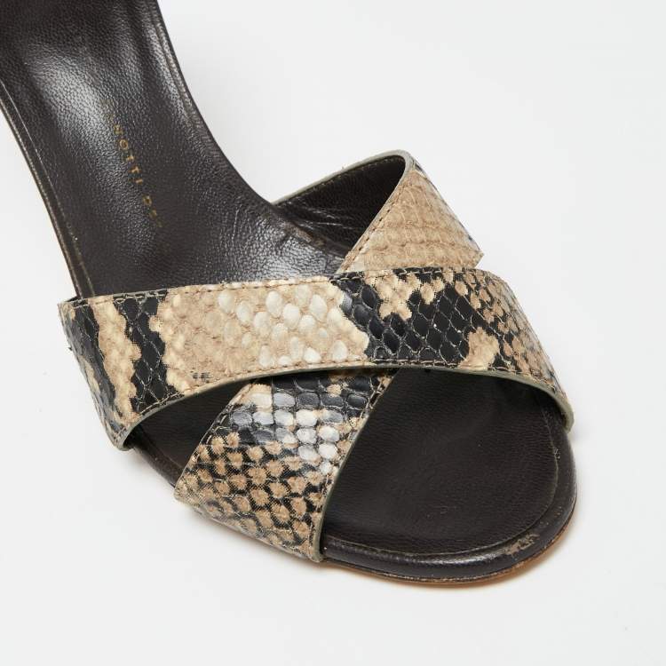 Pre Owned Giuseppe Zanotti Black/Grey Snakeskin Embossed Leather Criss Cross Slide Sandals Size 39
