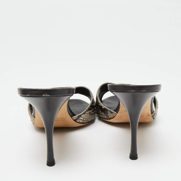 Pre Owned Giuseppe Zanotti Black/Grey Snakeskin Embossed Leather Criss Cross Slide Sandals Size 39