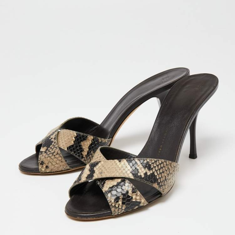 Pre Owned Giuseppe Zanotti Black/Grey Snakeskin Embossed Leather Criss Cross Slide Sandals Size 39
