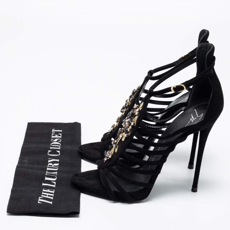 Pre Owned Giuseppe Zanotti Black Suede Crystal Embellished T-Bar Sandals Size 40