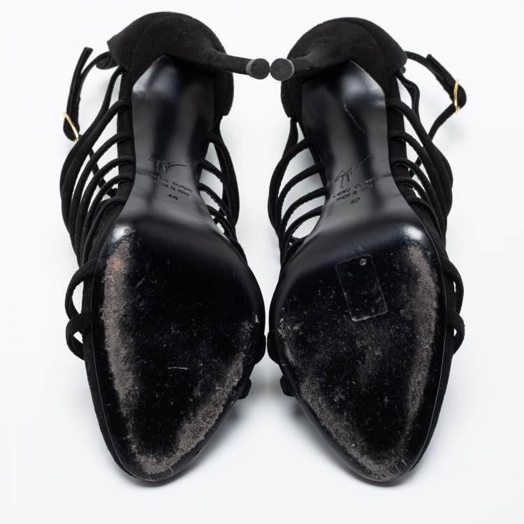 Pre Owned Giuseppe Zanotti Black Suede Crystal Embellished T-Bar Sandals Size 40