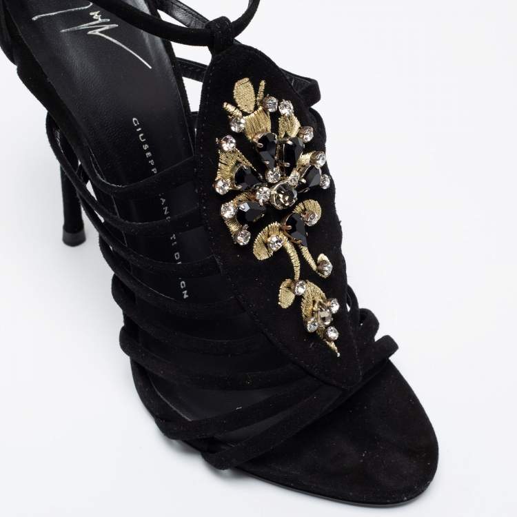 Pre Owned Giuseppe Zanotti Black Suede Crystal Embellished T-Bar Sandals Size 40