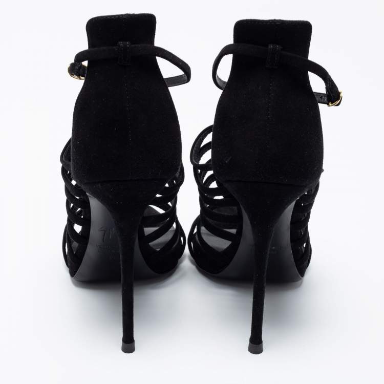 Pre Owned Giuseppe Zanotti Black Suede Crystal Embellished T-Bar Sandals Size 40