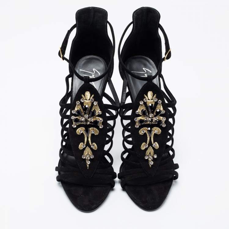 Pre Owned Giuseppe Zanotti Black Suede Crystal Embellished T-Bar Sandals Size 40