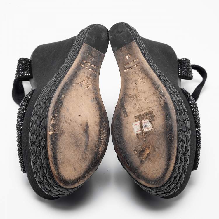 Pre Owned Giuseppe Zanotti Black Crystal Embellished Suede Espadrille Platform Wedge Ankle Tie Sandals Size 40
