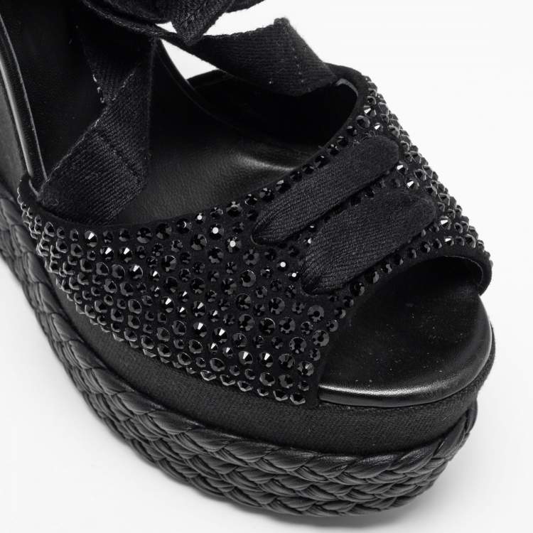 Pre Owned Giuseppe Zanotti Black Crystal Embellished Suede Espadrille Platform Wedge Ankle Tie Sandals Size 40