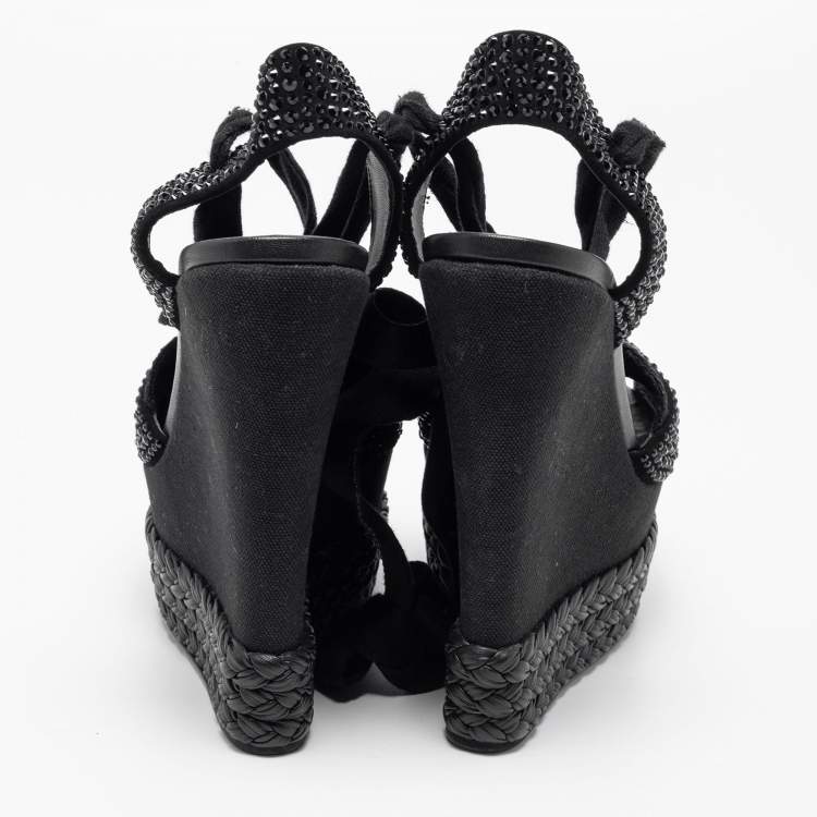 Pre Owned Giuseppe Zanotti Black Crystal Embellished Suede Espadrille Platform Wedge Ankle Tie Sandals Size 40