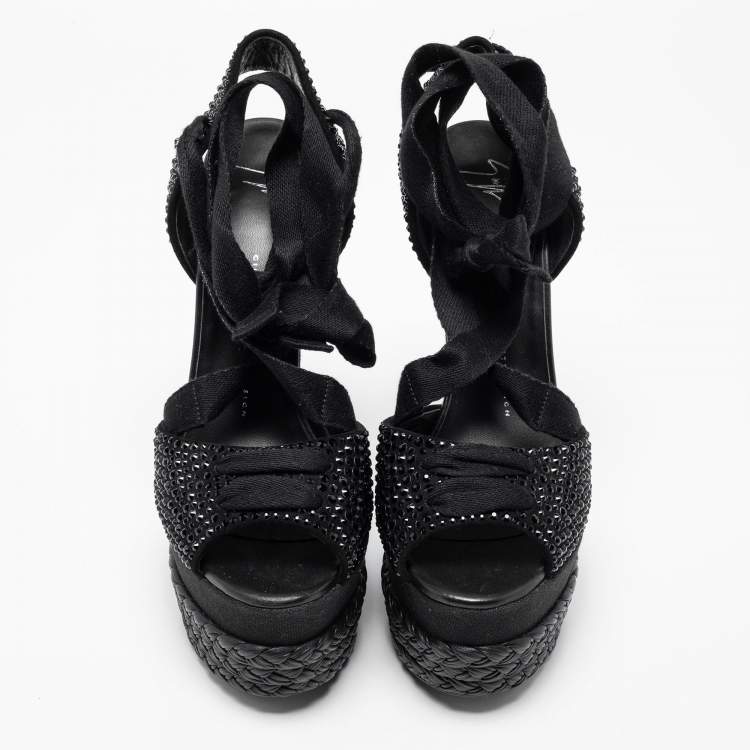 Pre Owned Giuseppe Zanotti Black Crystal Embellished Suede Espadrille Platform Wedge Ankle Tie Sandals Size 40