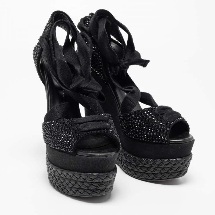 Pre Owned Giuseppe Zanotti Black Crystal Embellished Suede Espadrille Platform Wedge Ankle Tie Sandals Size 40