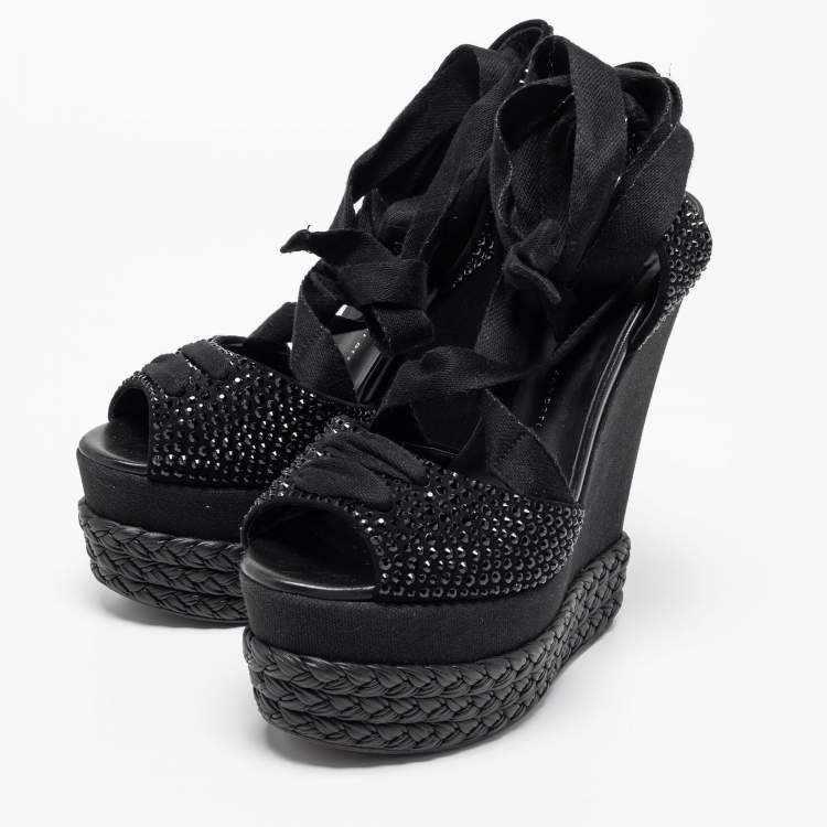 Pre Owned Giuseppe Zanotti Black Crystal Embellished Suede Espadrille Platform Wedge Ankle Tie Sandals Size 40