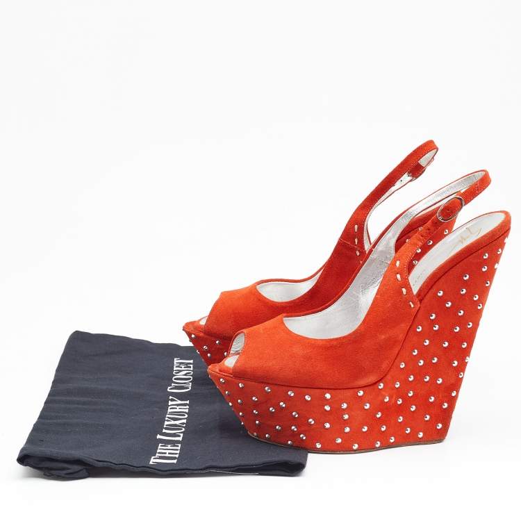 Pre Owned Giuseppe Zanotti Orange Suede Studded Wedge Sandals Size 39