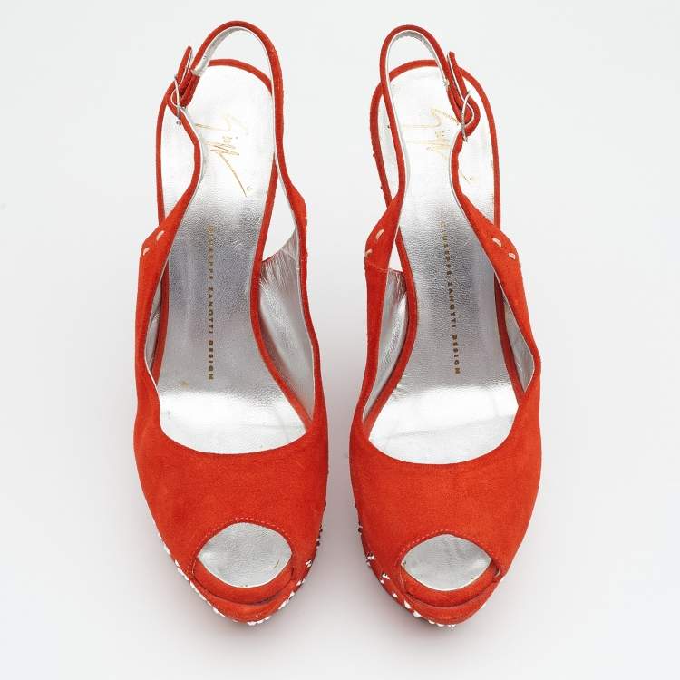 Pre Owned Giuseppe Zanotti Orange Suede Studded Wedge Sandals Size 39