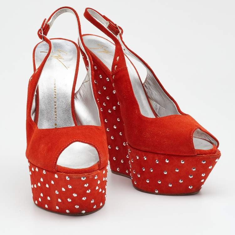 Pre Owned Giuseppe Zanotti Orange Suede Studded Wedge Sandals Size 39