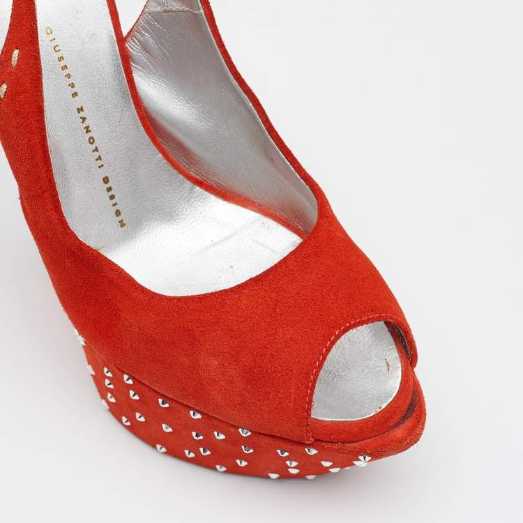 Pre Owned Giuseppe Zanotti Orange Suede Studded Wedge Sandals Size 39