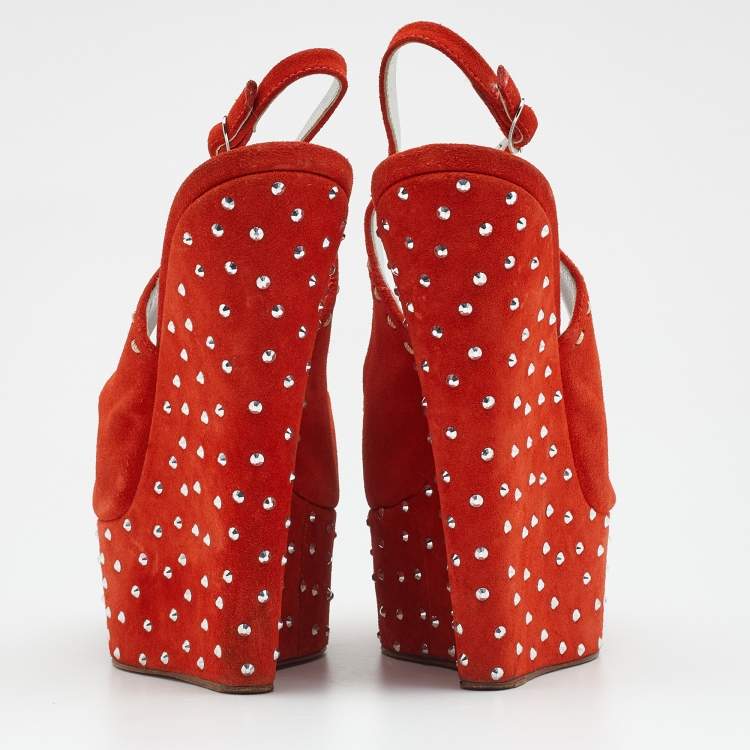 Pre Owned Giuseppe Zanotti Orange Suede Studded Wedge Sandals Size 39