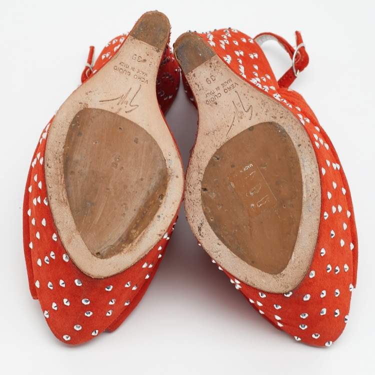 Pre Owned Giuseppe Zanotti Orange Suede Studded Wedge Sandals Size 39