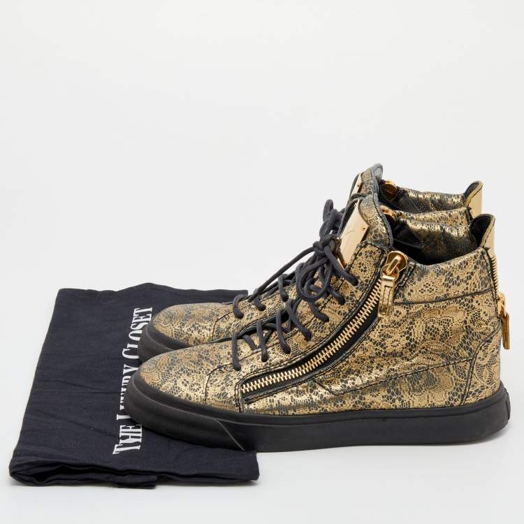 Pre Owned Giuseppe Zanotti Metallic Gold/Grey Printed Leather Double Zipper High Top Sneakers Size 38 