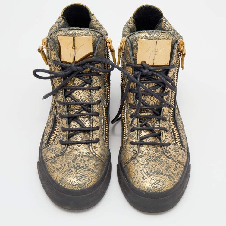 Pre Owned Giuseppe Zanotti Metallic Gold/Grey Printed Leather Double Zipper High Top Sneakers Size 38 